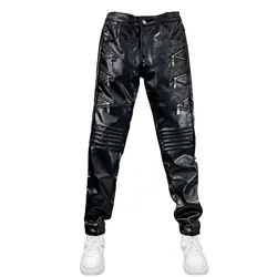Men's Fashion Punk Style Leather Pants With Zippers Pleated Motorcycle Biker Trousers Skinny Faux Leather Bottoms Windproof