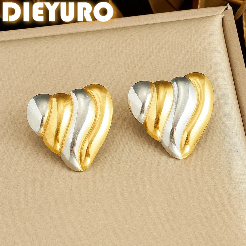 DIEYURO 316L Stainless Steel Two Tone Golden Silver Twisted Heart Stud Earrings Lady Fashion Textured Earrings Jewelry Gift