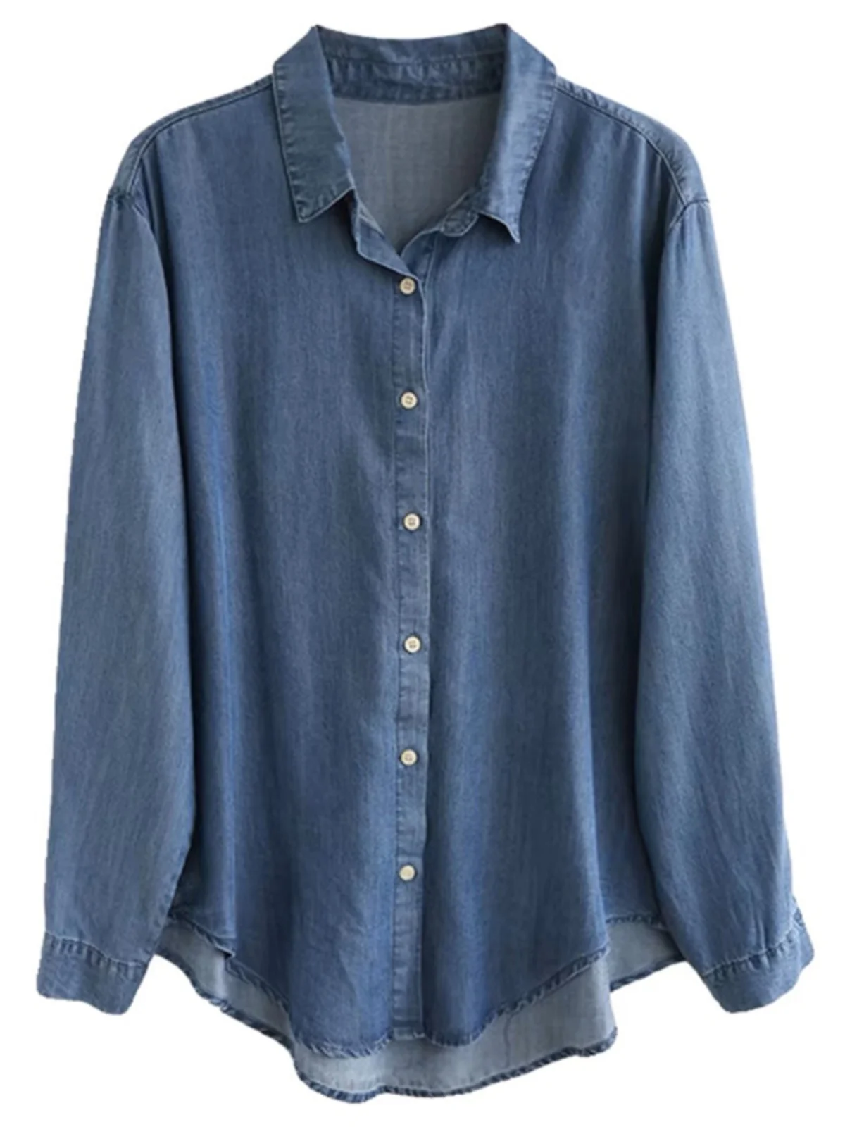 الأزرق الحرير الدنيم irt المرأة ربيع الخريف فضفاضة عارضة طبقات طوق طويل Sve لون نقي زر حتى أعلى