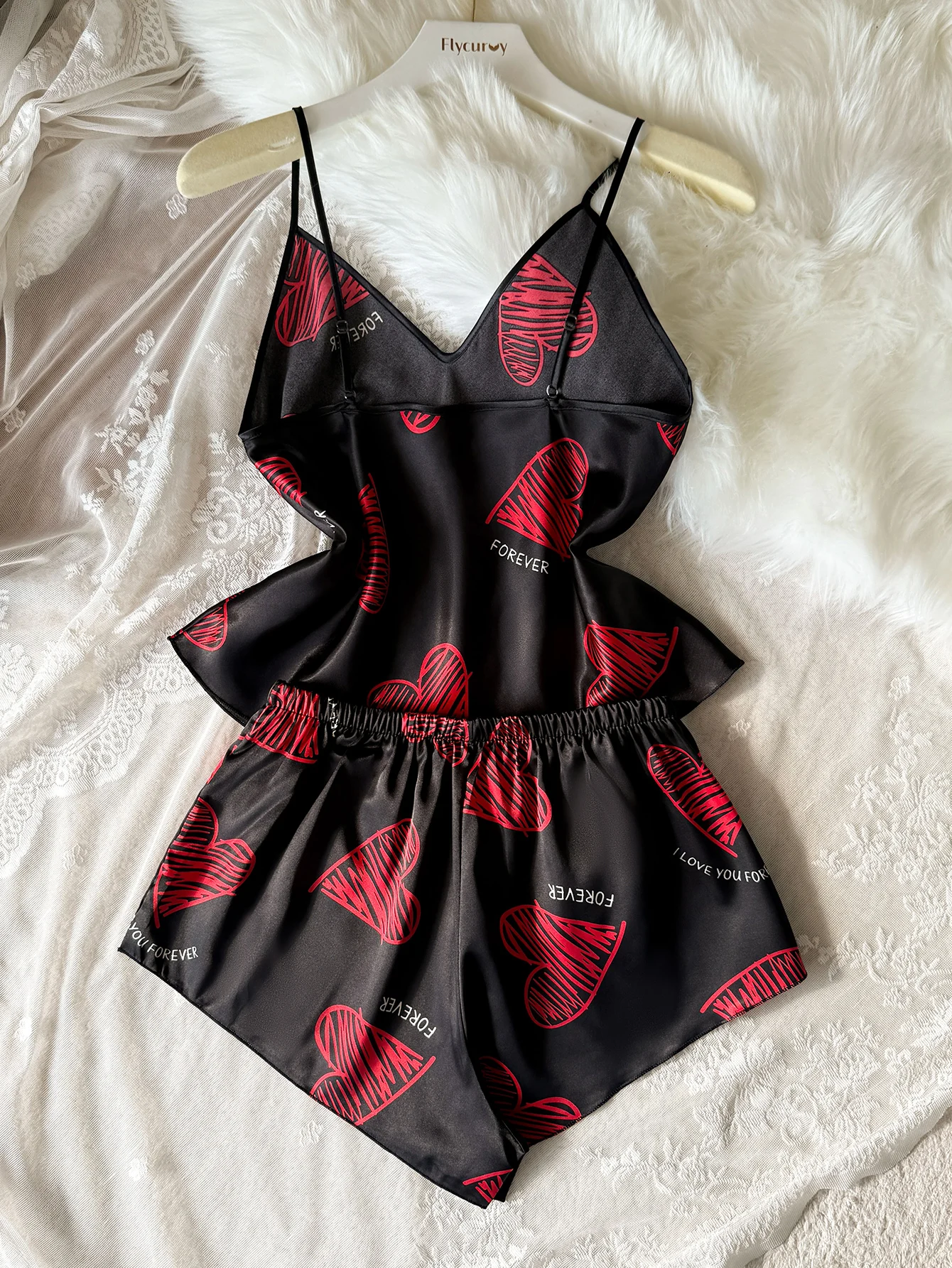 Women Heart Letter Print 2 Piece Pajama Set V Neck Spaghetti Strap Cami Top Elastic Waist Shorts Sweet Fashion Ladies Sleepwear view 2