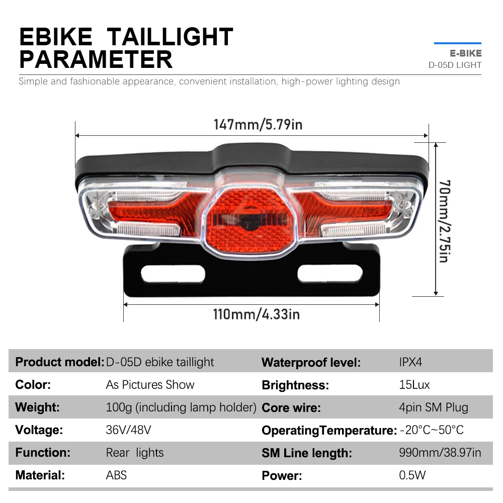 

36V 48V Electric Bike Taillights D-05D Rear Lamp LED Safety Warning Lamp For E-scooter Ebike Warning Taillights Accessories