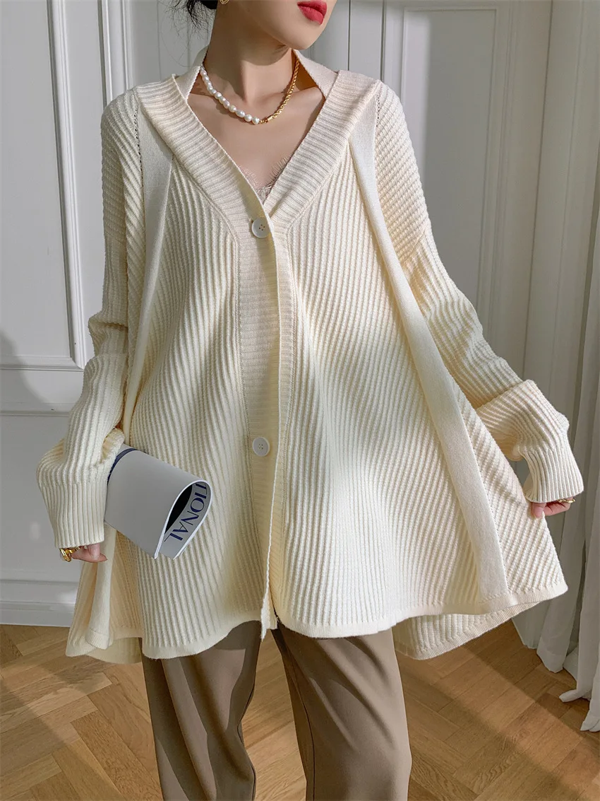 Knitted Cardigan Sweaters Women Solid Jumpers Halter Neck Long Sleeves Single Breasted Loose Fit Thick Casual 2025 Autumn Winter
