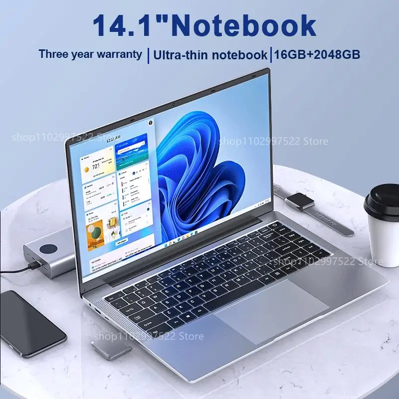 2025 Laptop Computer Windows 11 Pro Ultra Slim Notebook 14.1 Inch Intel Pentium N3700 16GB 1024GB Office Study PC Computer