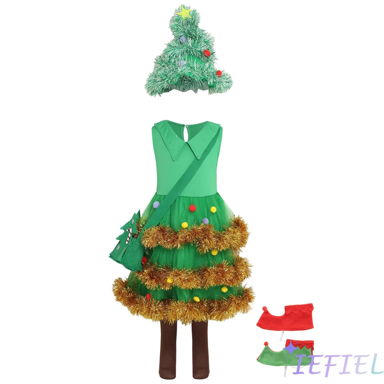 

Kids Girls 4Pcs Christmas Tree Costume Party Tutu Dress Set Shiny Colorful Pom-pom Adorned Xmas Dress with Matched Hat Bag Sock