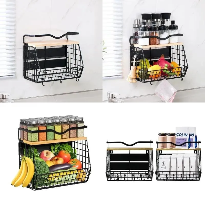 Metal Wall Mounted Cabinet Door Hanging Basket Storage Rack for Kitchen Sink Fruit and Vegetable Organization