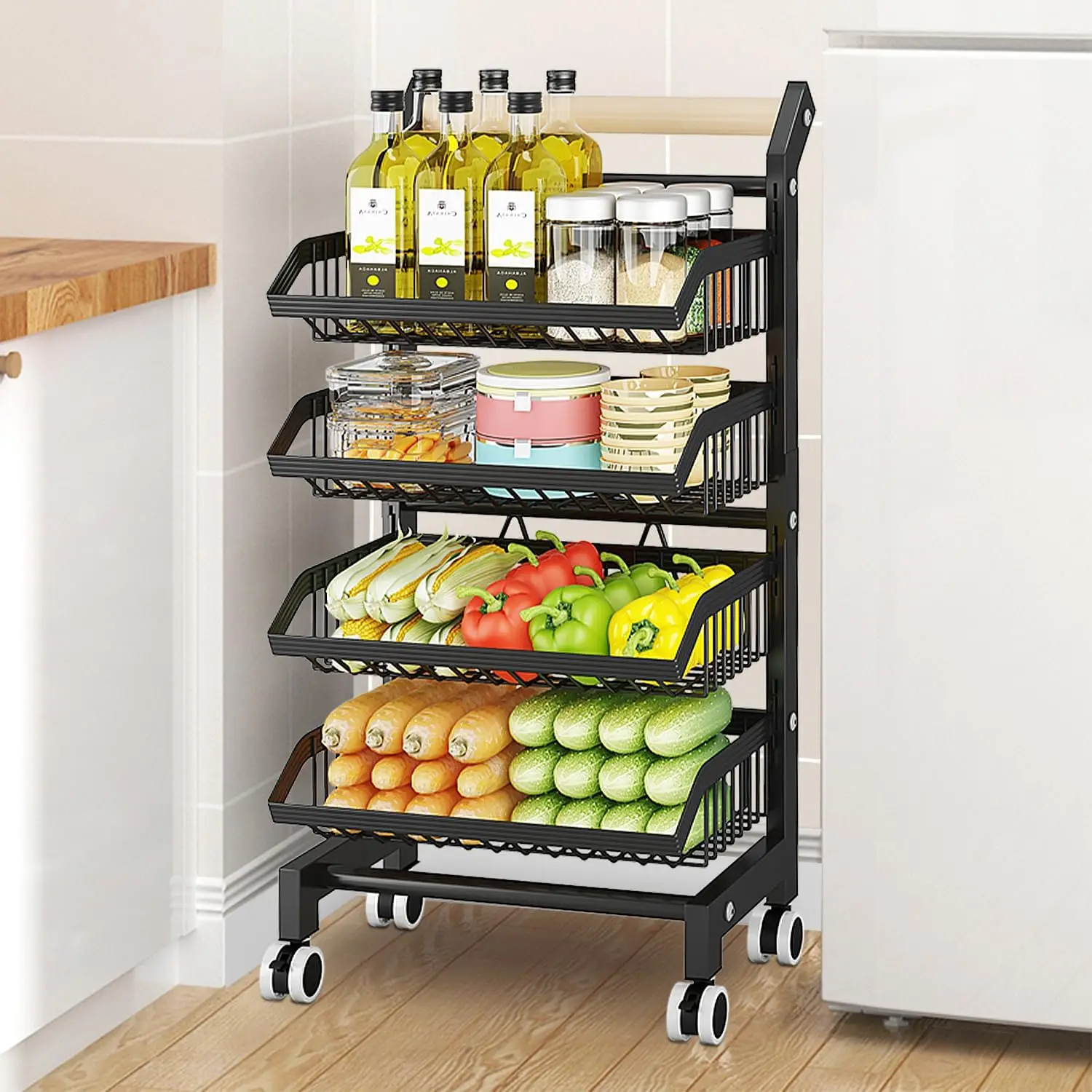 

4-Tier Kitchen Snack Cart with Wheels – Versatile Rolling Storage Cart for Pantry, Utility Rooms – Adjustable Metal Wire Fruit &