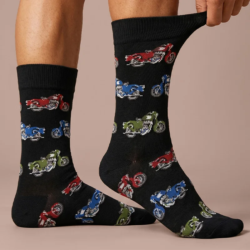 1 Pair of Unisex Socks with Black Base and Multi-Colored Retro Motorcycle Pattern, Pure Black Heel and Toe, Polyester, Breathable, Fun, Mid-Calf Socks, Suitable for Everyday Wear