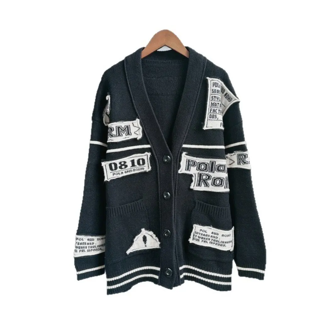 

Women's Retro Patch Knitted Cardigan V-Neck Sweater Jacket Heavy Industry Chic Niche Autumn Winter New American Style