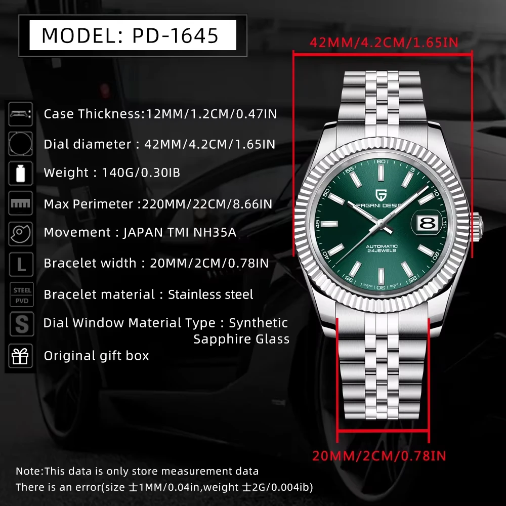 PAGANI DESIGN Original 42MM Automatic Men Mechanical Watches Top Brands Japan NH35 Waterproof Stainless Watch for Men PD-1645