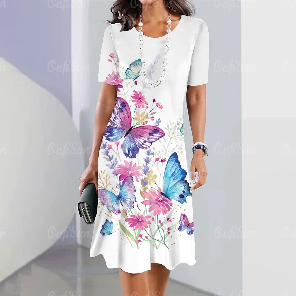 Fashion Women's Clothing Women's Short Sleeves Dress Classy Round Neck A-Line Skirt Plus Size Dresses Butterfly Print Clothing