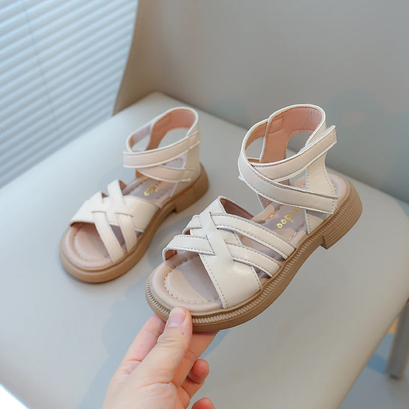 

Girls Sandals 2024 Summer Brand New Children Gladiator Sandals Cross Tied Ankle-strap Princess Sweet Kids Beach Shoes 26-36 Soft