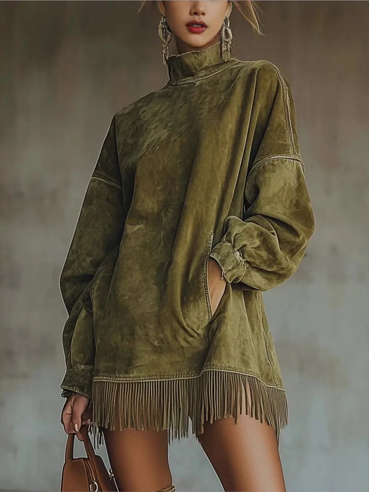 

Retro Solid Color Dress For Woman Fashion High Neck Long Sleeves Loose Mini Dresses Ladies Spring Autumn Foreign Style Vestidos