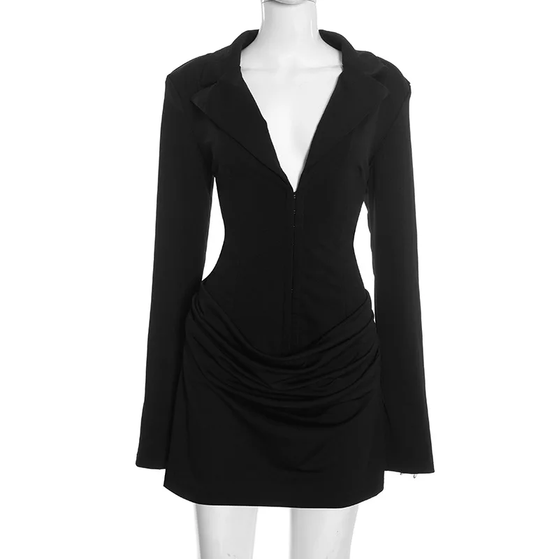 Sexy V-Neck Corset Women Retro Winter Dress 2026 Autumn Fashion Notched Long Sleeve Ruched Office Party Dresses Elegant Mini