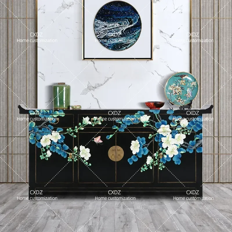 New Chinese Style Solid Wood Side Cabinet Painted Upturned Antique Design Foyer Storage Shoe Cabinet Classical TV Console