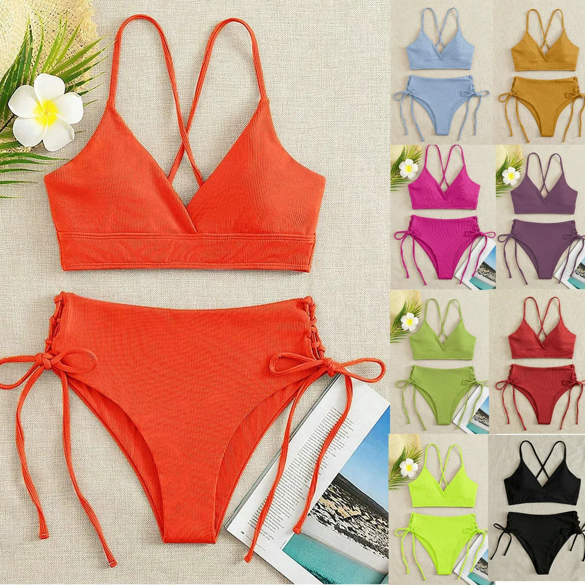 

Раздельный купальник пуш-ап для женщин, однотонный, с V-образным вырезом, без спинки, на завязках, с высокой талией, летний, новый, для отпуска, пляжный комплект из двух частей