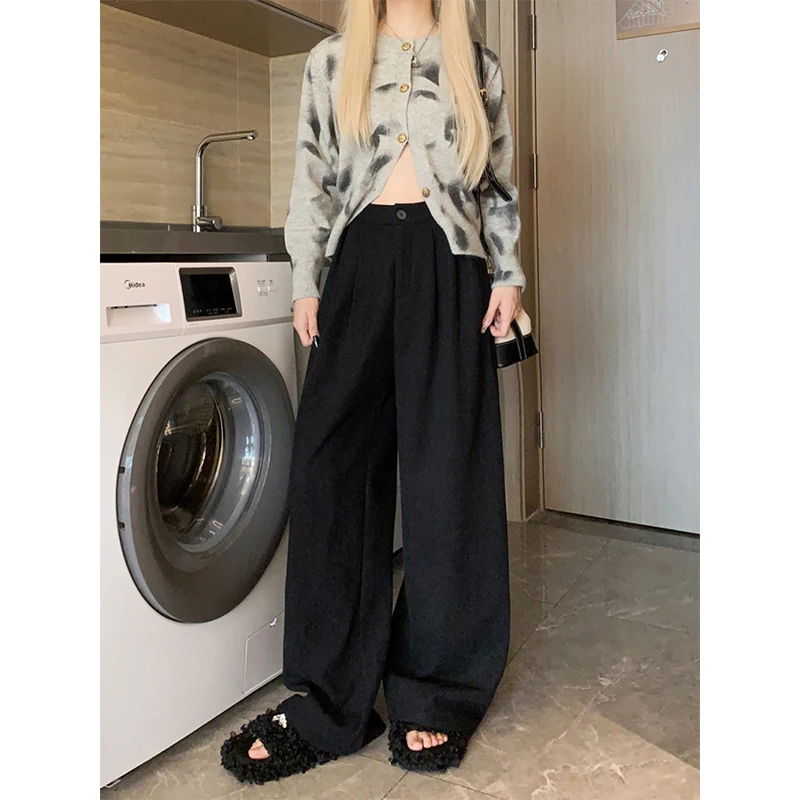 سروال قصير من الصوف بنطال ذو قصة أرجل واسعة للنساء Harajuku ملابس الشارع الشهير سروال فضفاض أسود شتوي عتيق كوري سميك غير رسمي مستقيم
