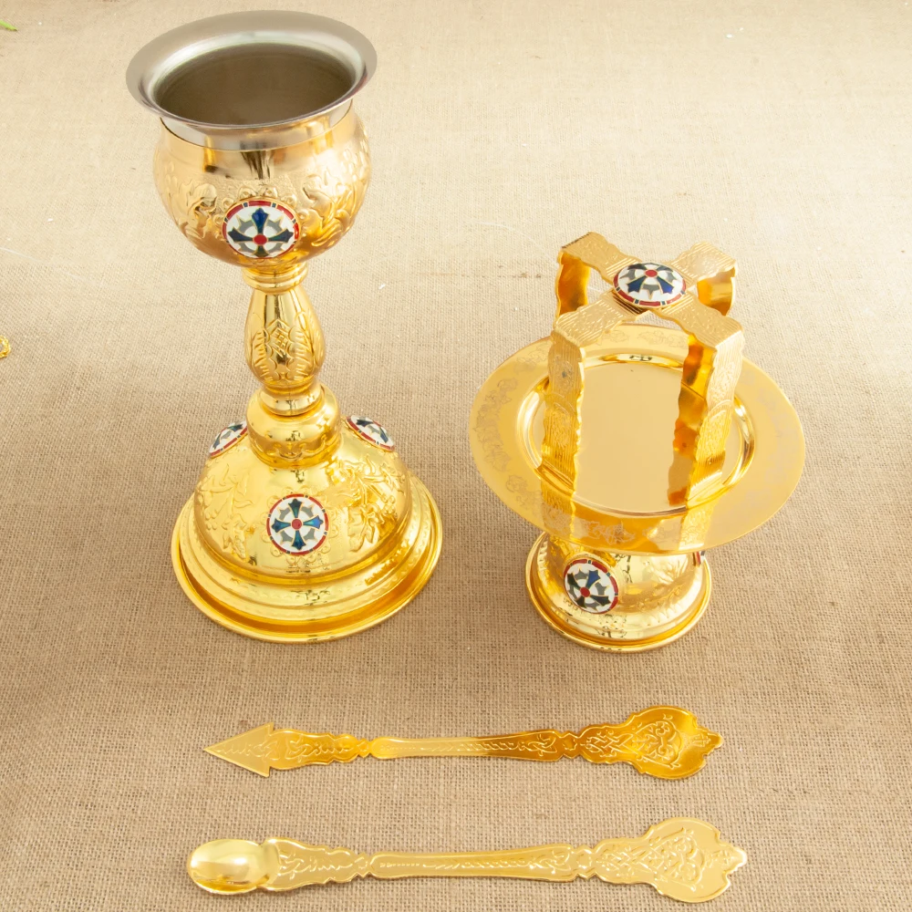 

Orthodox Church Supplier Russia Greek Mass Accessory Gold Plated Chalice Holy Grail With Holy Water Spoon Church liturgy Ritual