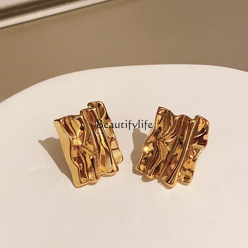 

European and American Exaggerated Irregular Personality Pleated Real 18K Metal S925 Earrings