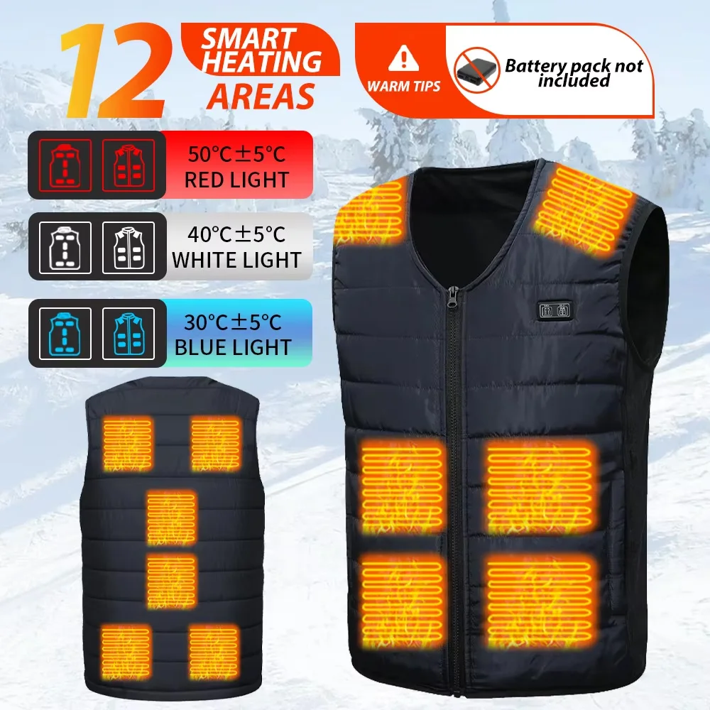 

12-зонный жилет с подогревом для мужчин и женщин с v-образным вырезом, умный контроль температуры, подогрев, хлопковая одежда, пальто, уличный жилет, мотоциклетная куртка
