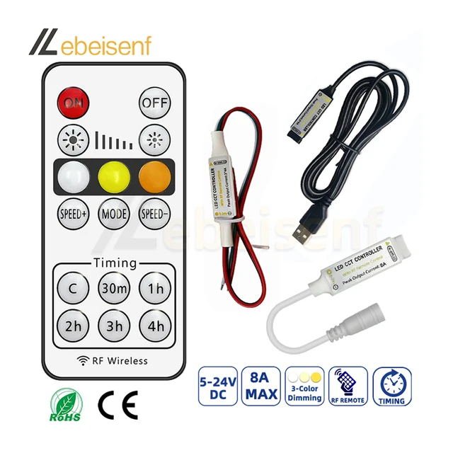 Podwójny kolorowy ściemniacz LED 5V 12V 24V RF Bezprzewodowy pilot zdalnego sterowania DC Wtyczka USB 3-pinowa 2700-6500K Kontroler PWM do taśm CCT 5050