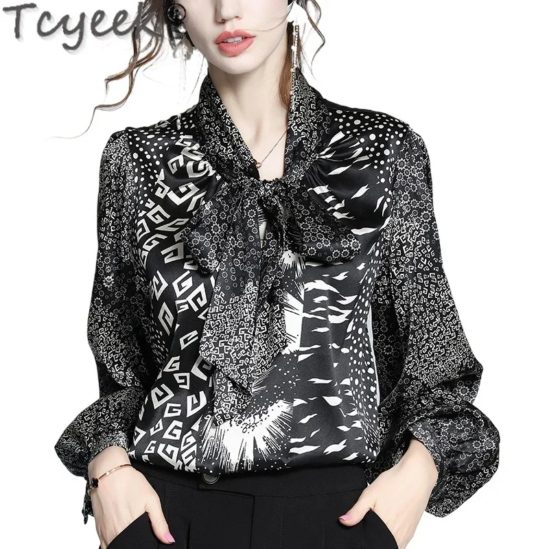 Tcyeek Spring New 95% Mulberry Silk Blouse Woman Luxury Floral Tops for Women Clothing Elegant Long Sleeve Shirts High Quality