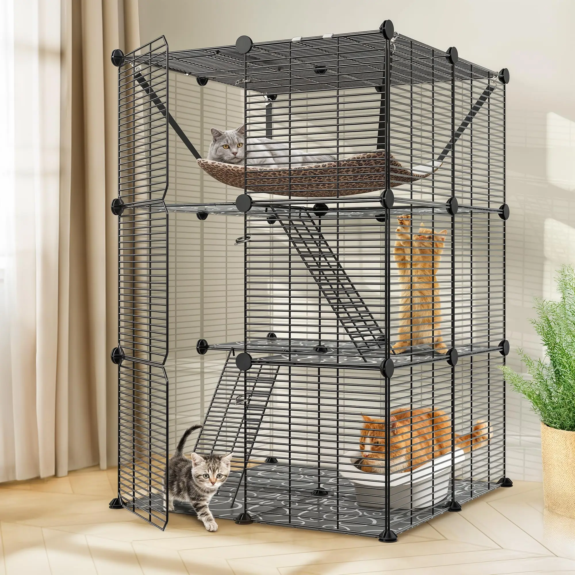 3-Tier Cat Cage Indoor Cat Enclosures DIY Cat Kennel Detachable Metal Wire Playpen with Hammock for 1-2 Cats Ferret
