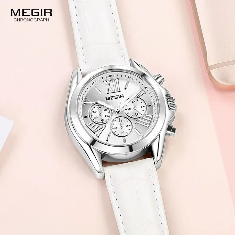 MEGIR2019 New Luxury Leather Watch Women Female Top Brand Chronograph Quartz Wristwatch Lady Relogios Femininos Clock 2114 White