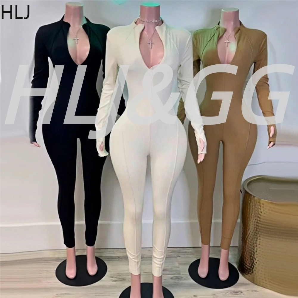 

HLJ&GG Autumn New Solid Zipper Bodycon One Piece Jumpsuits Women Long Sleeve Slim Sporty Playsuits Casual Female Yoga Overalls