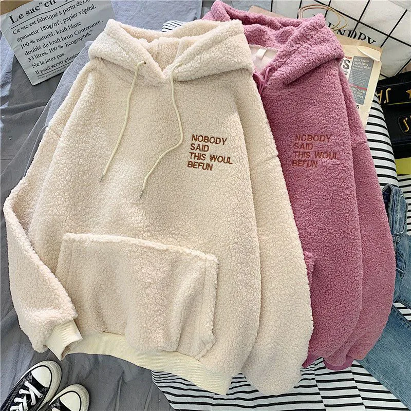 Fleece Hooded Sweatshirt Women Padded Thickened Warm Long Sleeve Pullover Preppy Style Casual Letters Winter Female Coat