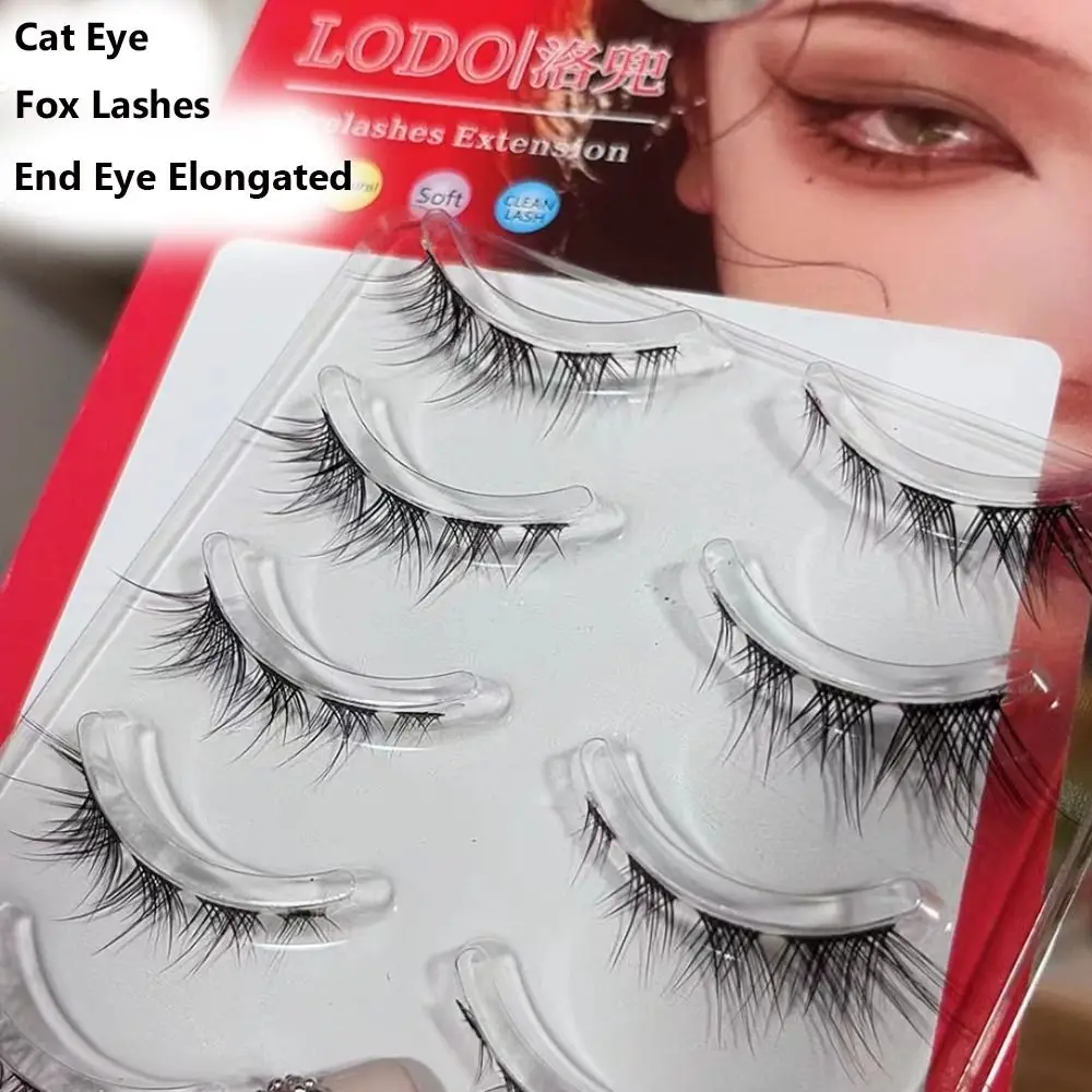 5 Pairs End Eye Elongated Natural Messy Winged 3D Mink Transparent Stem Cat Eye Fox Lashes False Eyelashes