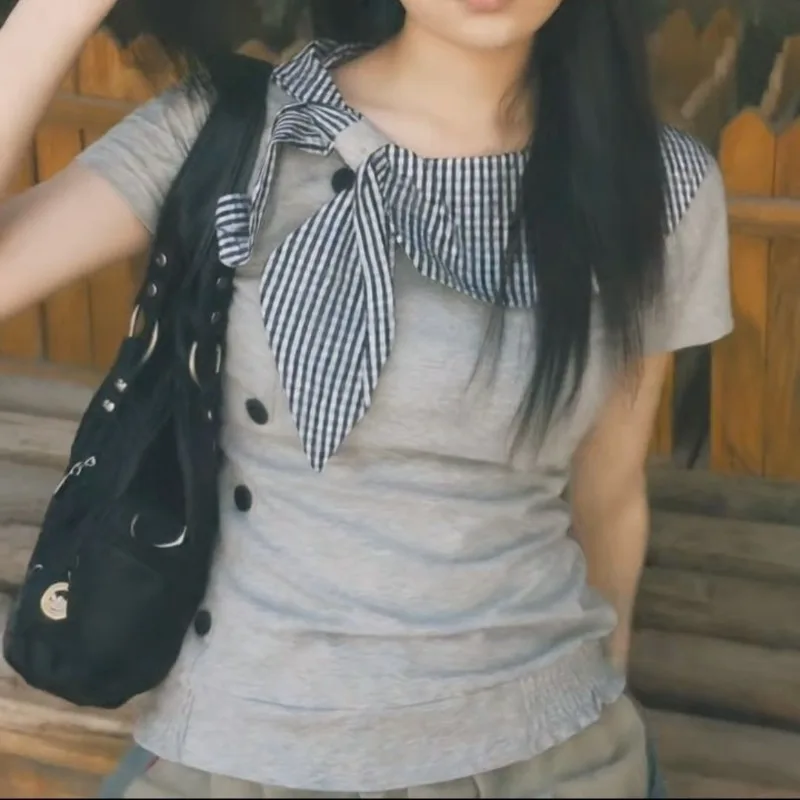 الأمريكية المتخصصة القطن زر تصميم غير النظامية قصيرة الأكمام تي شيرت ريترو الشارع الساخن فتاة البحرية طوق Harajuku عادية Y2K