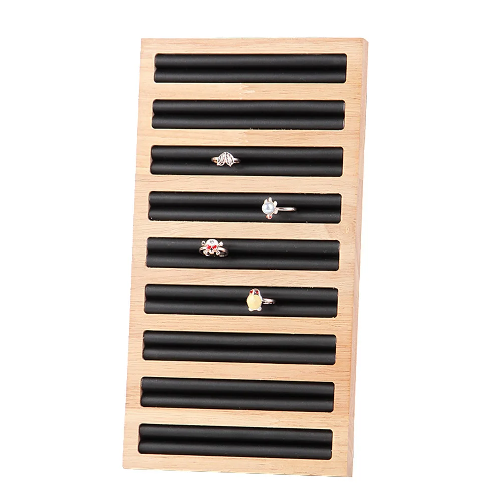 Bamboo Wood Ring Showcase Display Black Rectangular Plate Jewelry Holder Fit Different Ring Sizes Stylish Modern Design