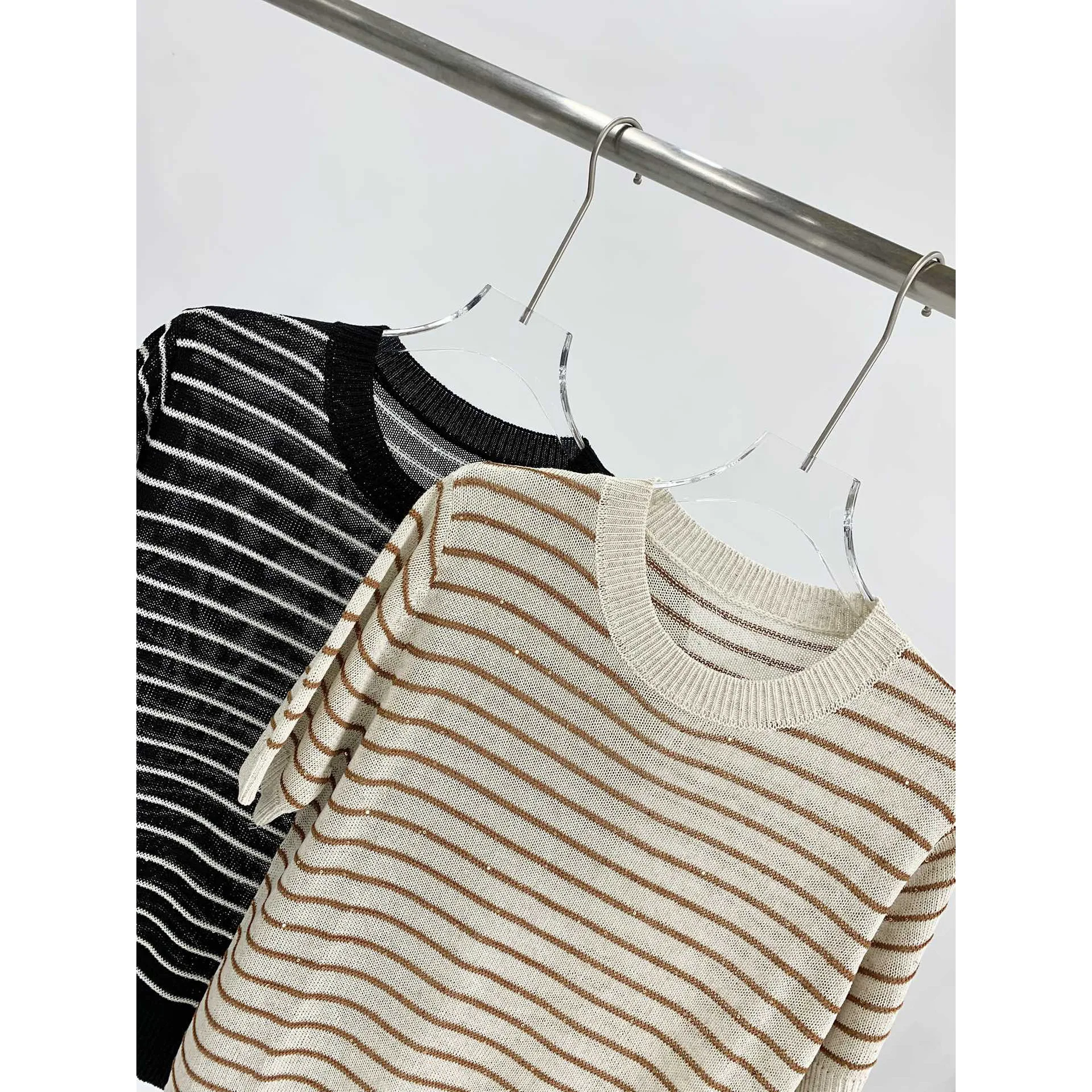 Pull rayé en lin et coton mélangé, T-Shirt tricoté respirant et confortable pour femmes, Style rétro décontracté, assorti avec tout