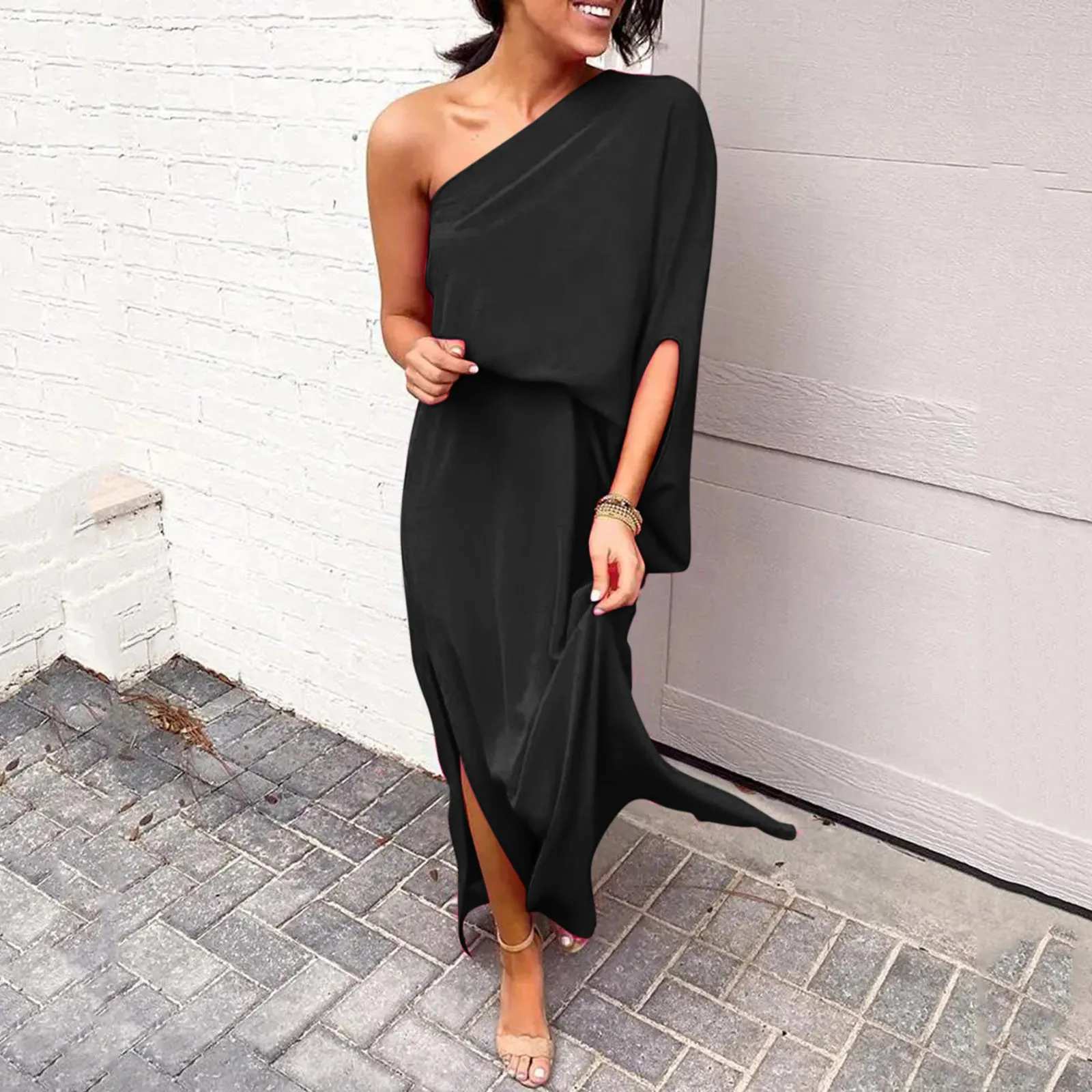 

Lady Sexy Diagonal Collar One Shoulder Long Dress Summer Elegant Women High Slit Party Dress Solid Party Dinner Cocktail Dresses