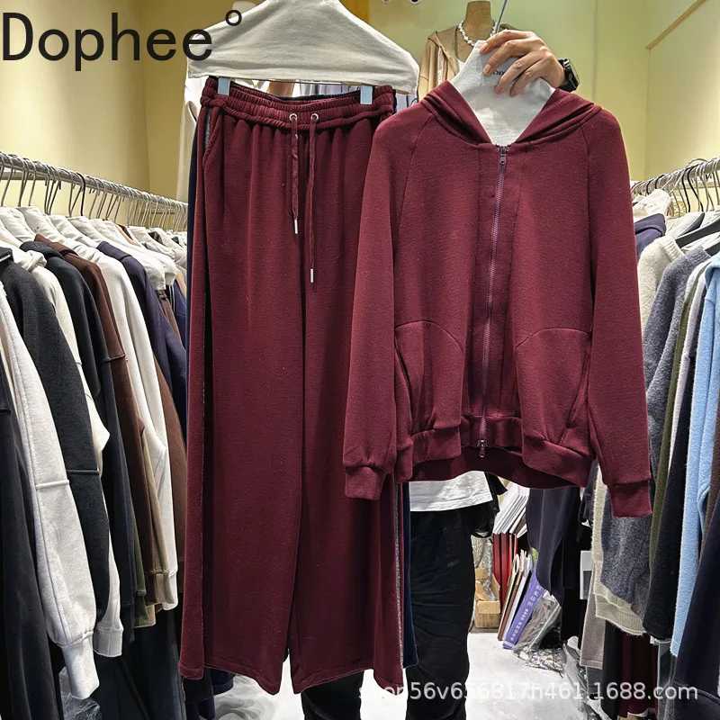 

Casual Hoodie Set for Women New Autumn Solid Color Long Sleeve Hooded Cardigans Coat + Elastic Waist Loose Wide Leg Trousers