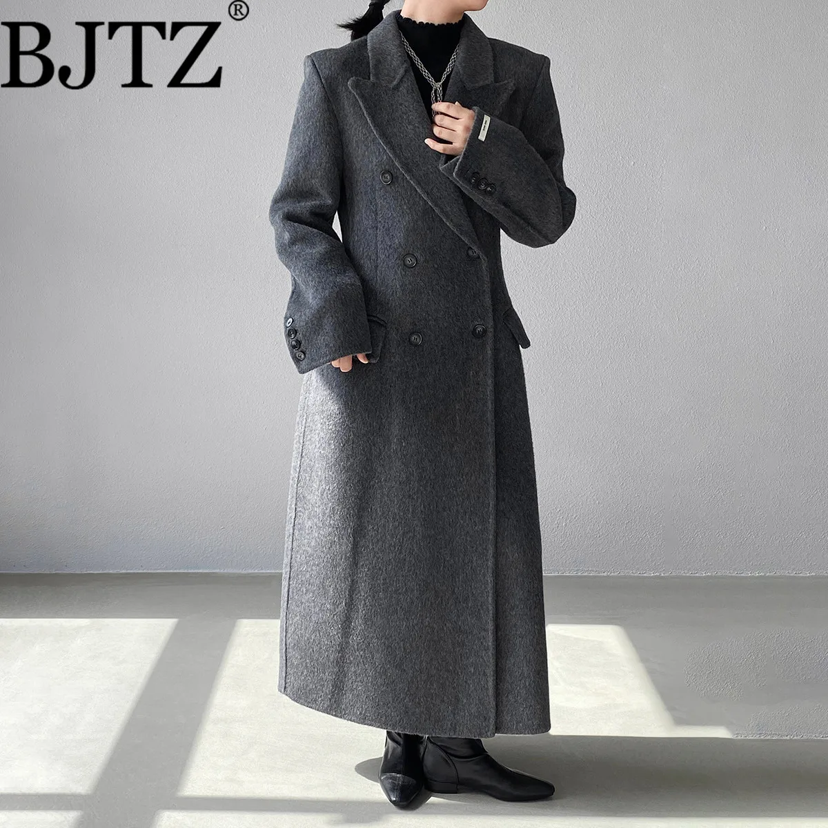 

BJTZ корейский стиль, 100% шерсть, элитное универсальное элегантное длинное двустороннее шерстяное пальто с песочными часами на талии для женщин, новинка зимы 2023 г.