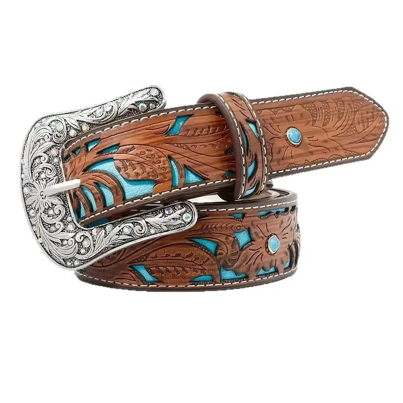 

2025 Luxury Design Metal Curving Jeans Belts 125CM Embossed PU Leather Turquoise Waist Belt Bohemian Centure Homme Marque Belts