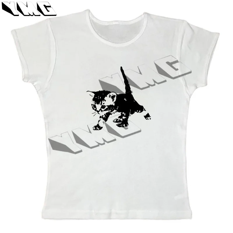 Spaß Katze drucken Vintage Frauen lässig Baby T-Shirt Streetwear ästhetische Kurzarm T-Shirt y2k Kleidung Gothic Emo Girl Croped