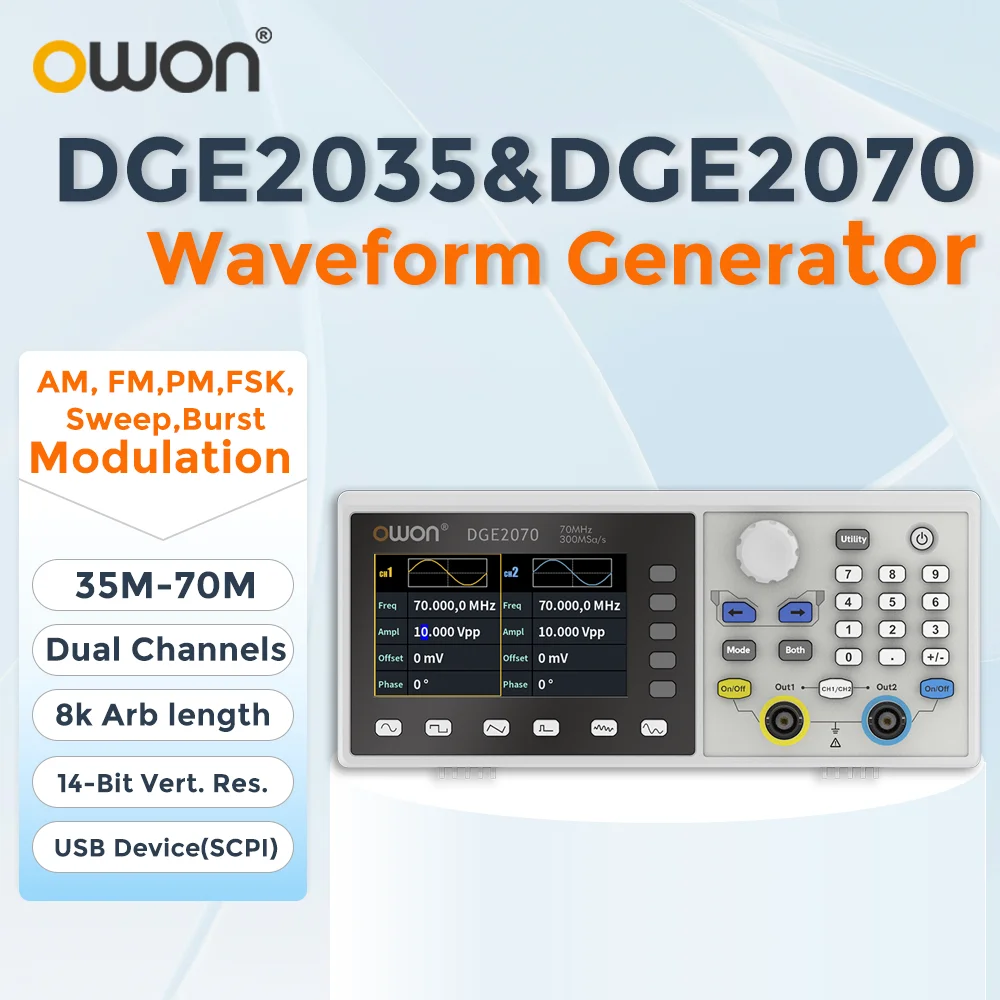 Generador de formas de onda arbitraria de doble canal OWON DGE2035/DGE2070 |   14 bits 35/70MHz |   Funciones de modulación AM, FM, PM, FSK, barrido y ráfaga