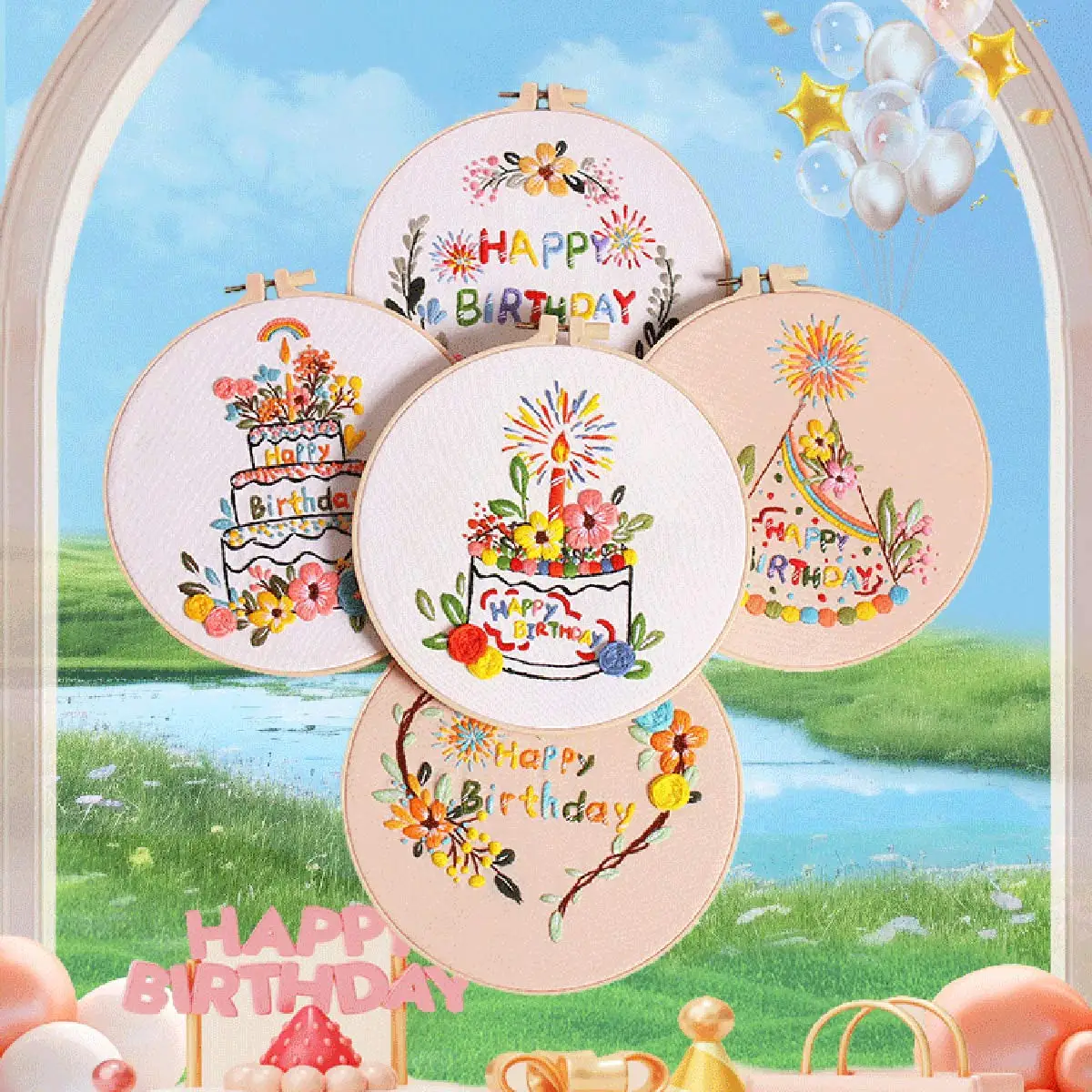 

Unfinished DIY Beginner Embroidery Kit Happy Birthday Cake Flower Painting Decorative Sewing Thread Tool Set Fabric Material Bag