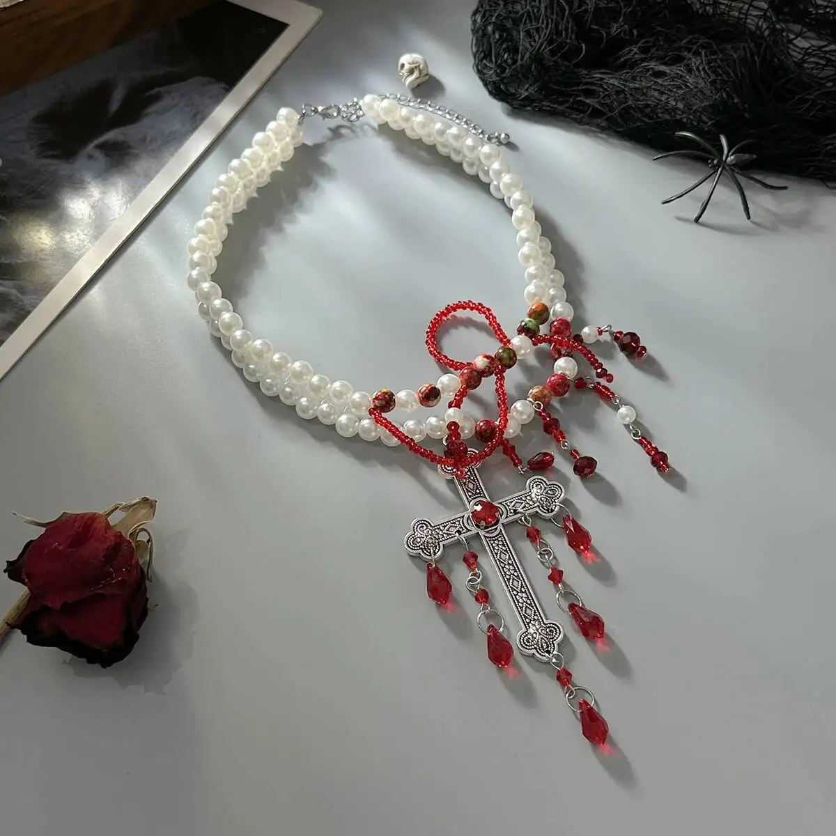

Lacteo Goth Imitation Pearl Red Crystal Blood Drop Tassel Necklace Women Hyperbole Big Cross Pendant Necklace Halloween Jewelry