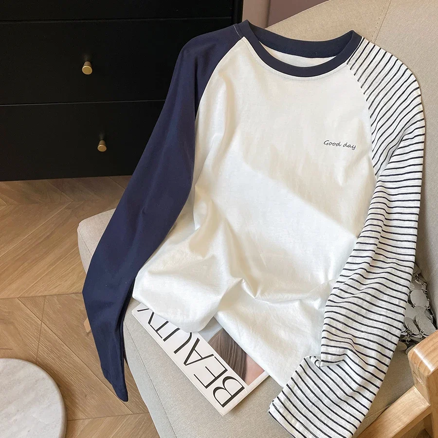 

Women Cotton Long Sleeved T Shirt Thin Design Striped Raglan Sleeves Loose Round Neck Top Trendy Spring Autumn New Style