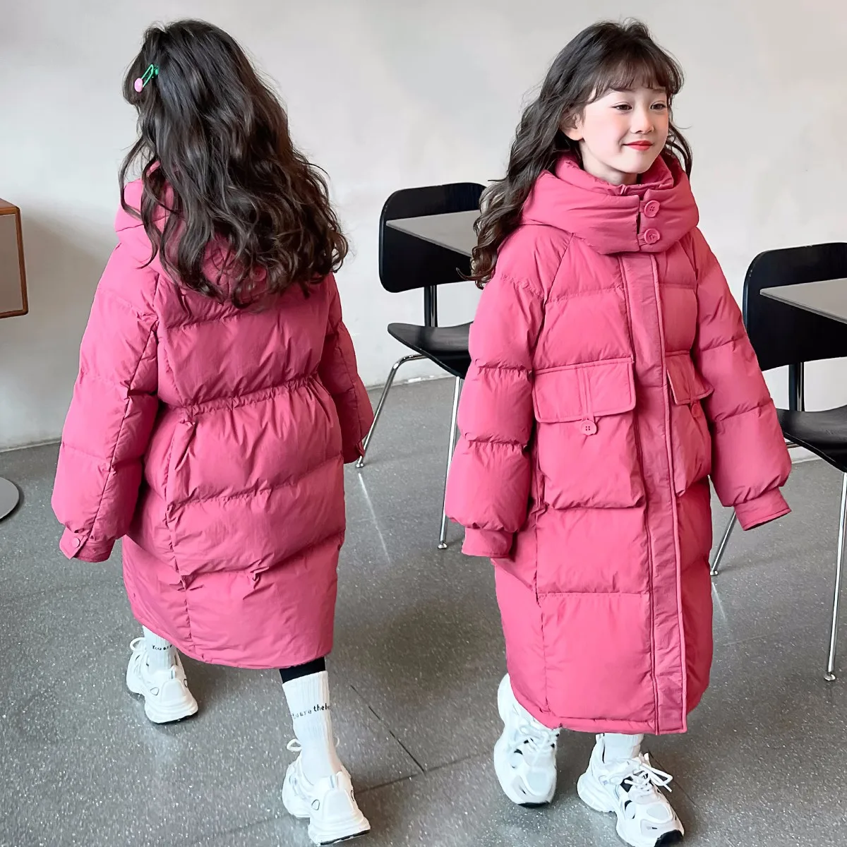 

Winter Warm Girls Plain X-Long Hooded Zipper Puff Jackets School Kids Thick Cotton Snow Coats Children Outfit Windbreaker 5-16Yr