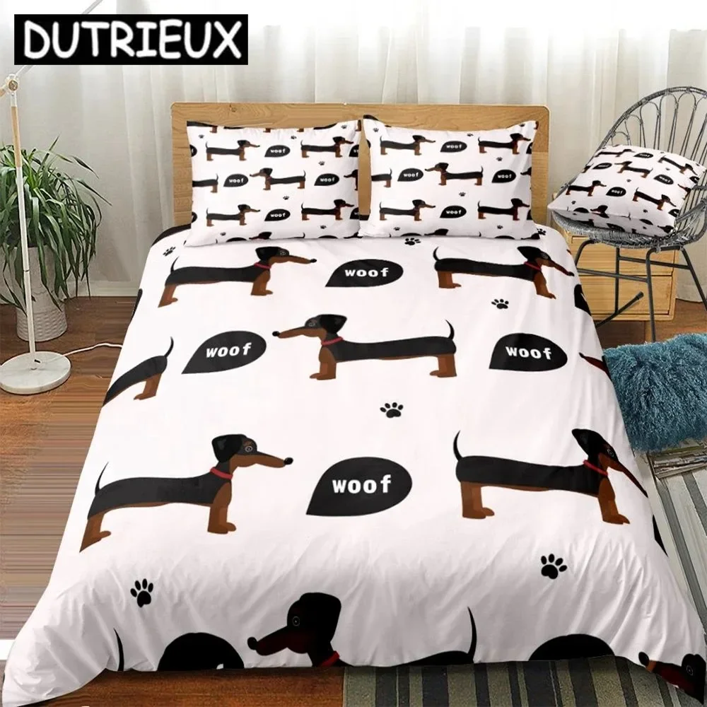 3 Pieces Cute Dachshund Duvet Cover Set Cartoon Sausage Dog Bedding Kids Boys Girls Dog Quilt Cover Queen Bed Set Dog Dropship