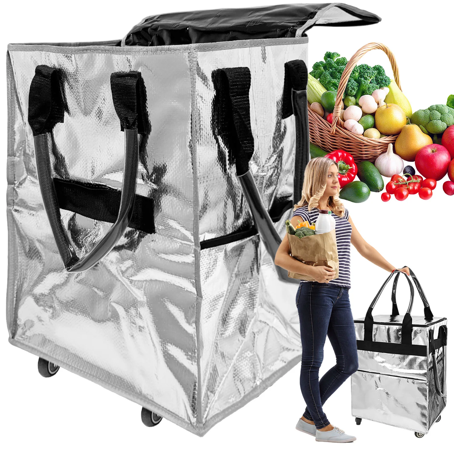 Silberne, zusammenklappbare, isolierte Einkaufstasche mit Rollen am Boden, aufrechtem Kastendesign für den Transport von Lebensmitteln, Einkäufe auf dem Markt, Camping und tägliche Aufgaben, langlebig
