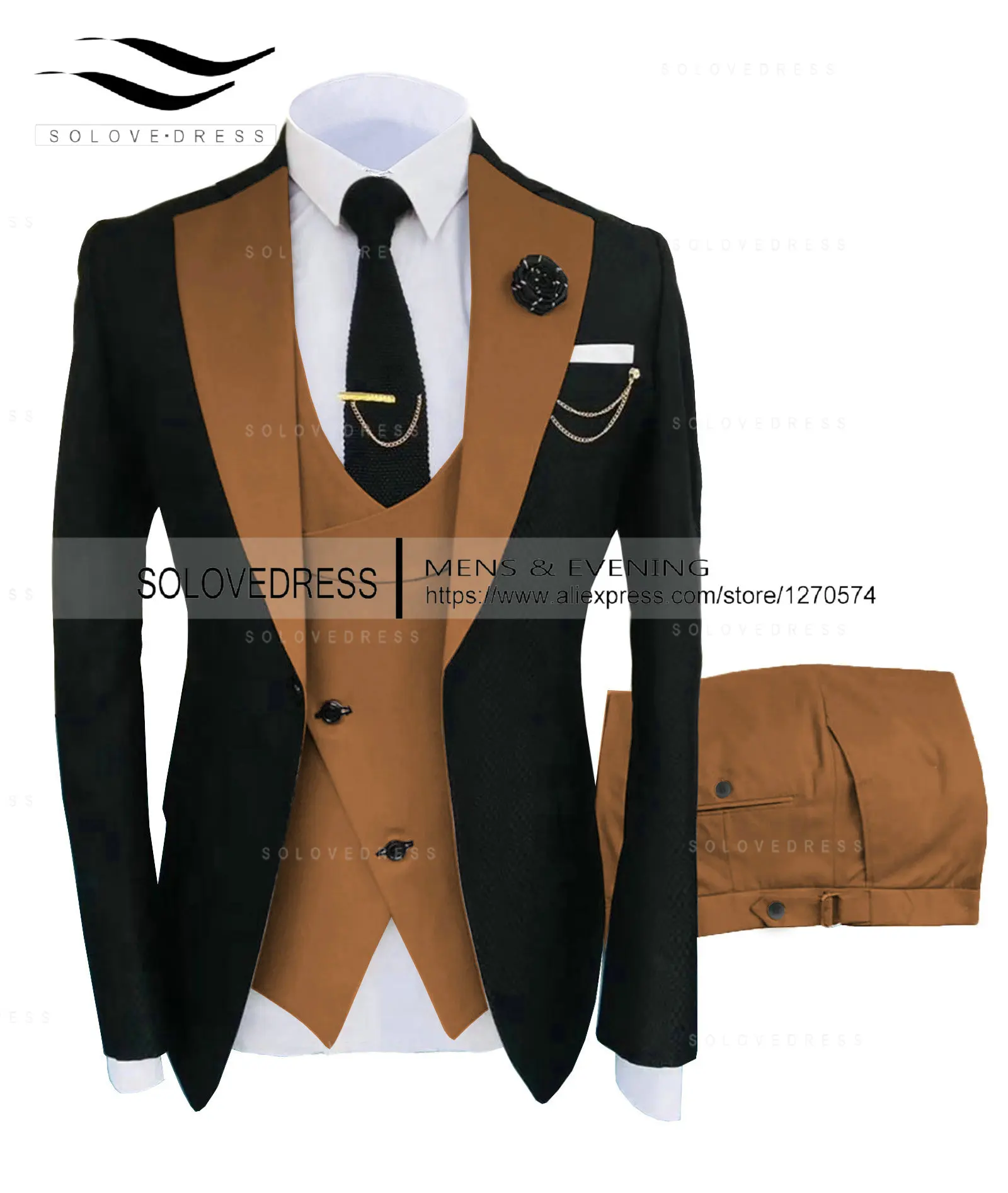 Wedding Suits Men Formal 3 Pieces Tuxedos Slim Fit Business Beige Suits Groom Champagne Tuxedos Suit (Blazer+Pants+Vest)
