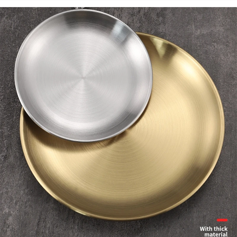 Korean stainless steel golden disc dinner plates thickened fruit plate cake barbecue flat bottom tray