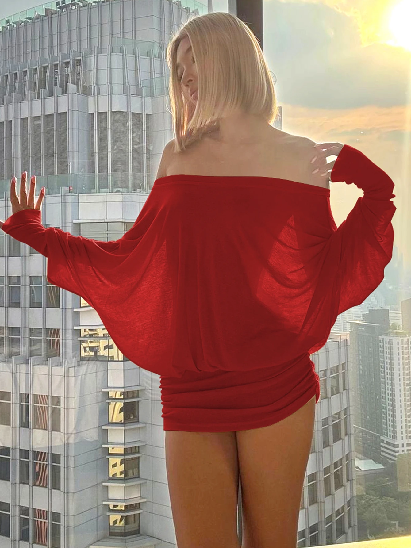 Dulzura Off Shoulder Long Sleeves Ruched Patchwork Mini Dress Women’S Sexy Elegant Casual Outfit Party Clubwear Spring Summer