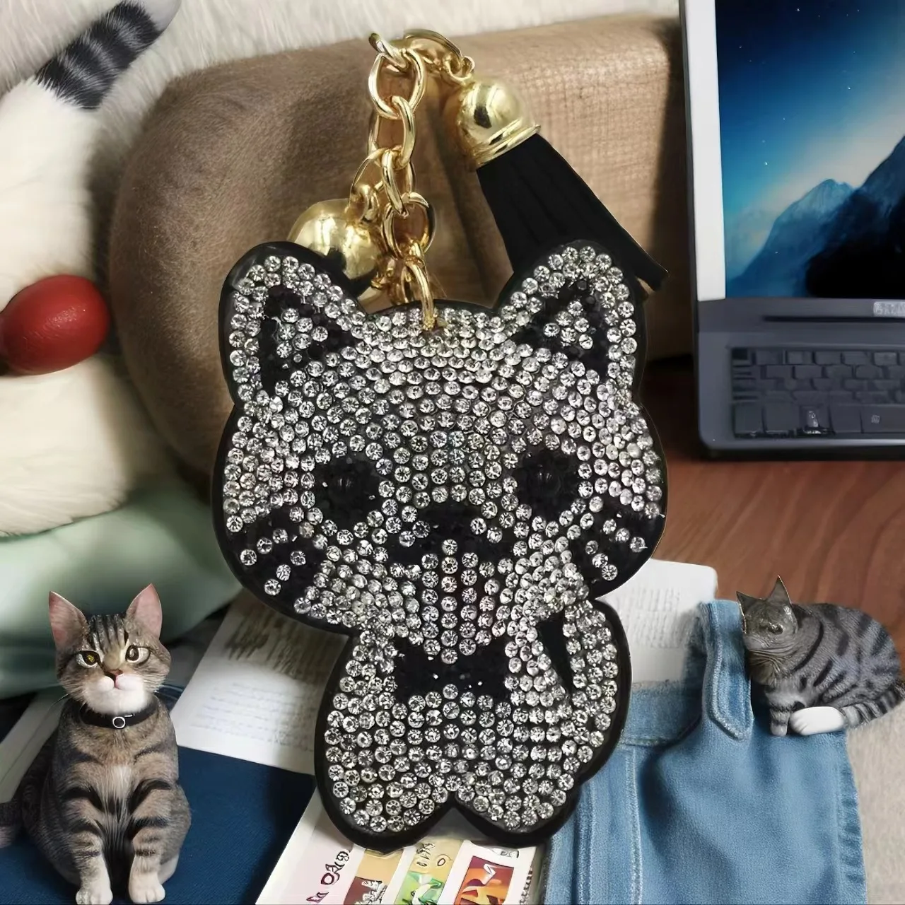 Cartoon Animal Cat Crystal Keychain Pendant With Metal Keyring for Women's Bags and Car Key Accessories Wholesale Price