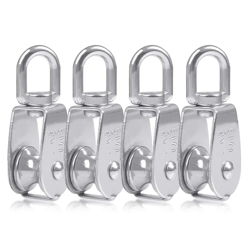 

Y51A-16PCS Single Pulley Block M15 Stainless Steel Small Pulley Roller For Rope Cord In Outdoor 360°Swivel Silver Pulley
